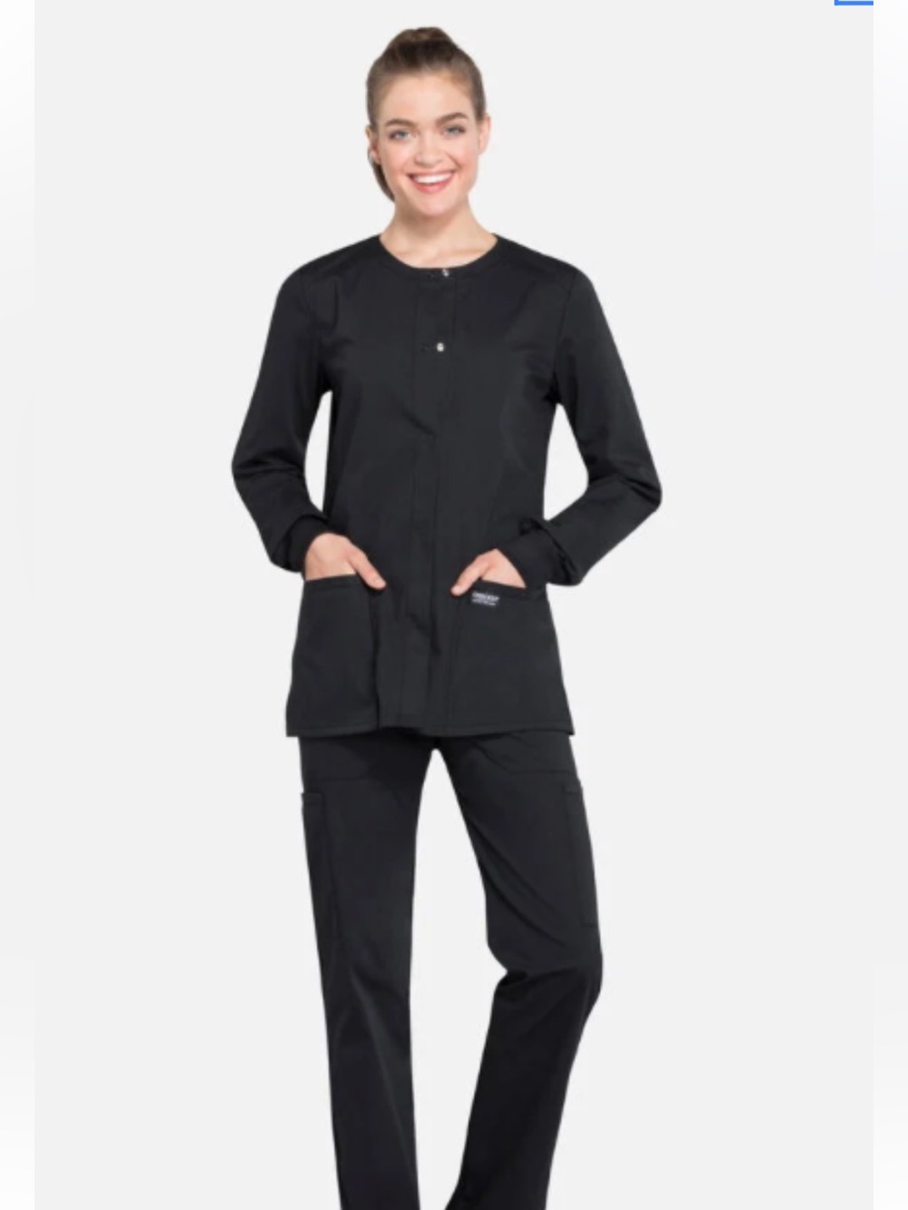 🌸Cherokee Black Scrubs Set Snap Front Jacket & Elastic Pants Lg